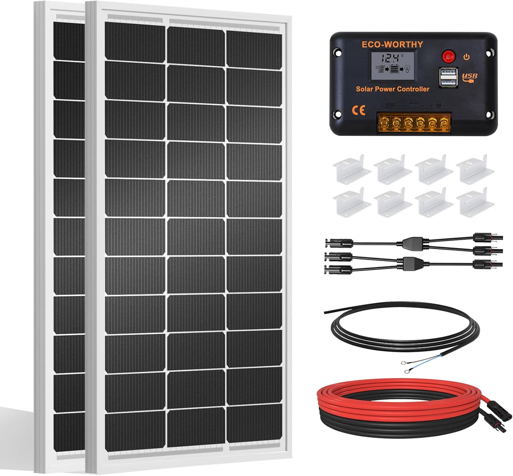 ECO-WORTHY 200W Solar Panel Kit – 2×100W Monocrystalline Panels with 30A PWM Controller