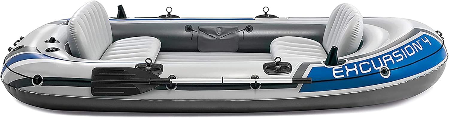 Intex Excursion 4 Inflatable Boat Set – 4 Person Fishing Raft with Oars & Pump