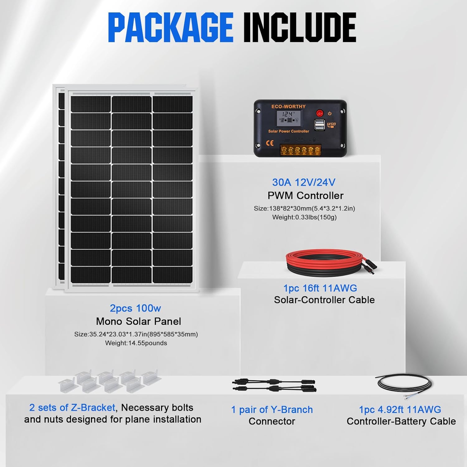 ECO-WORTHY 200W Solar Panel Kit – 2×100W Monocrystalline Panels with 30A PWM Controller