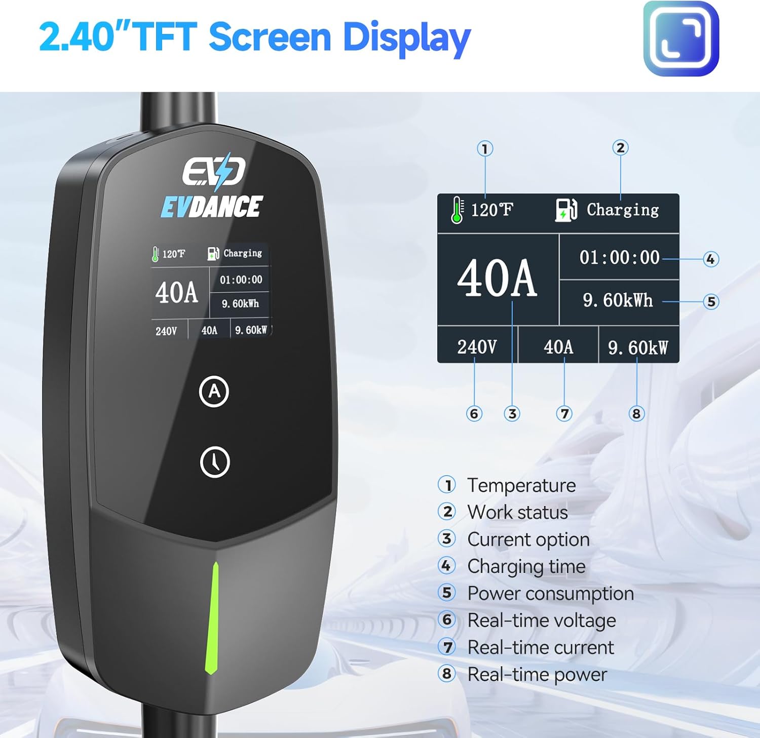 Level 2 EV Charger 40A 240V Portable Electric Vehicle Charger with 25FT Cable