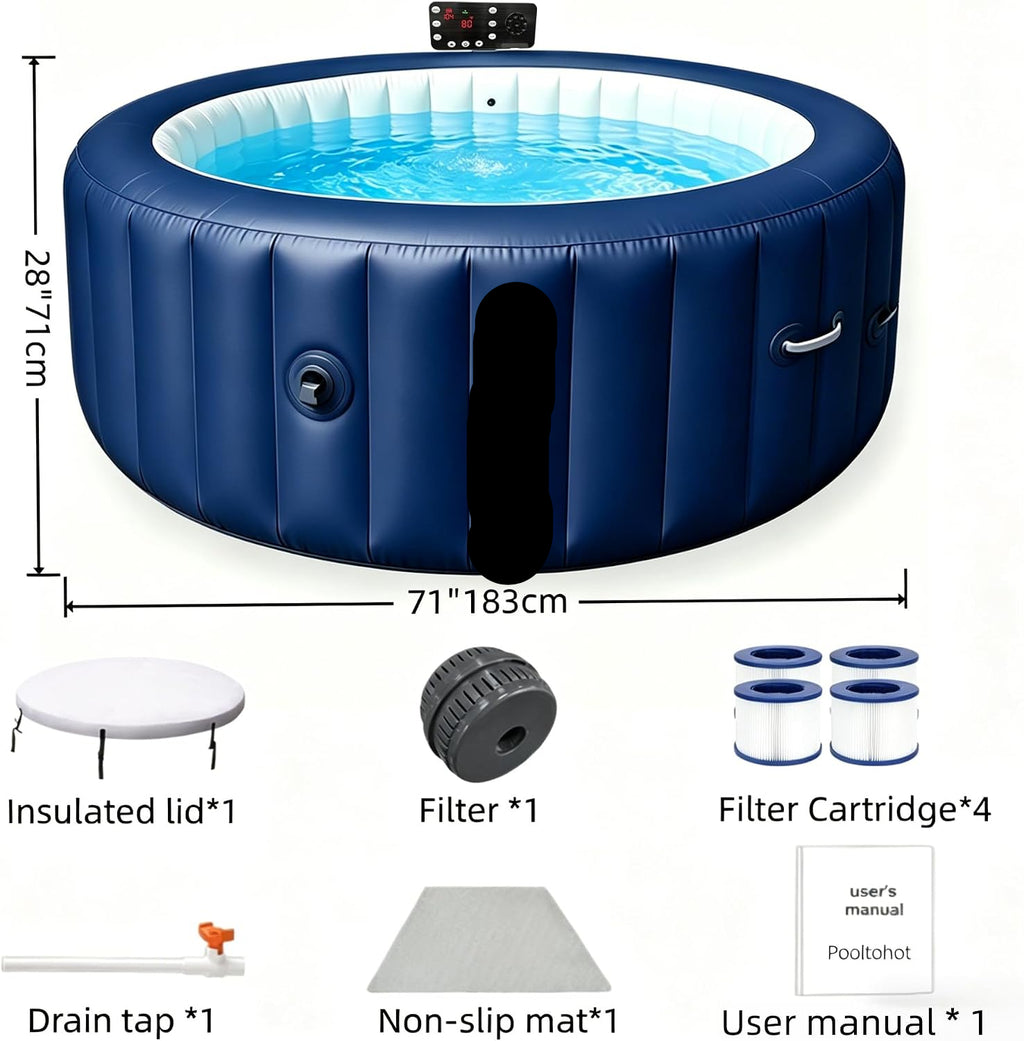 POOLTOHOT 4 Person Inflatable Hot Tub Spa with Heat Pump, 143 Air Jets & LED Lights