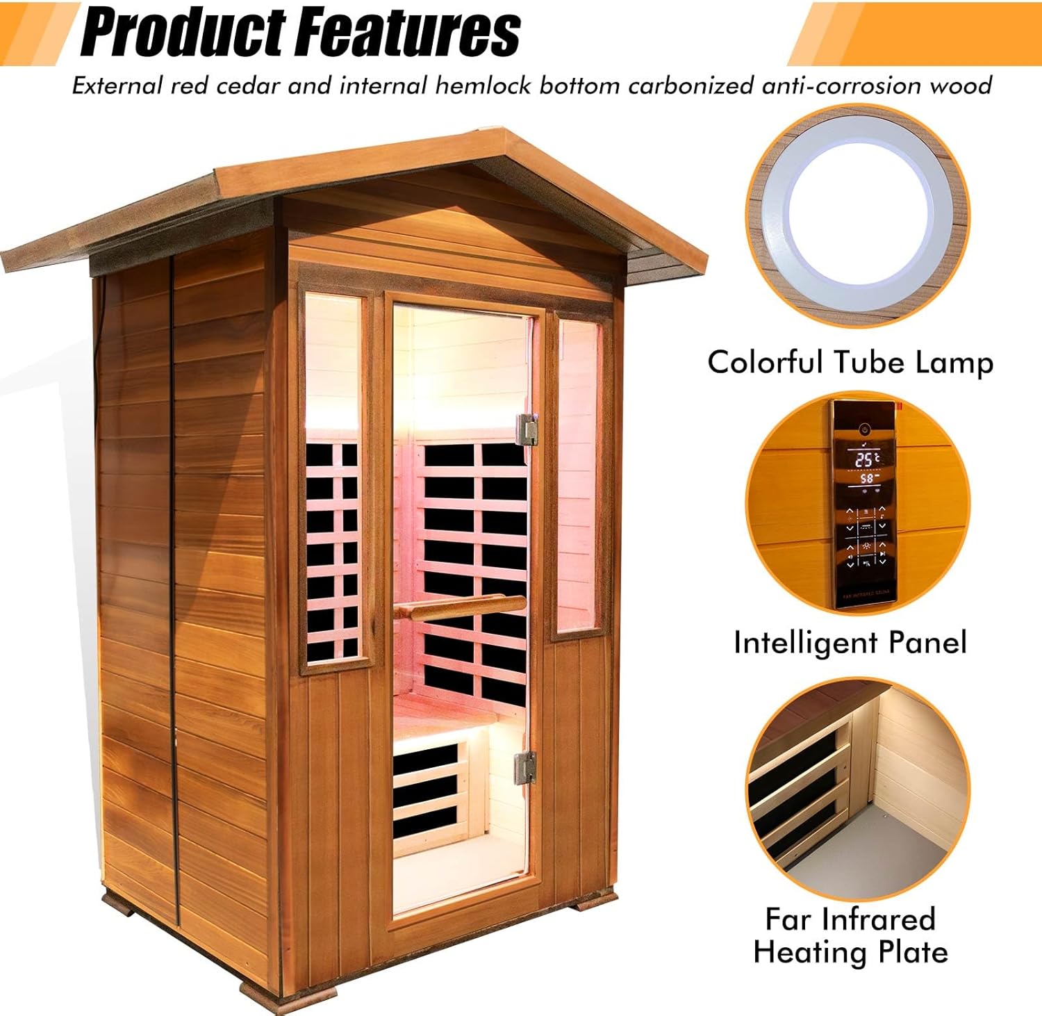 OUTEXER 2 Person Outdoor Infrared Sauna – Red Cedar Wood with App Control & LED Lights