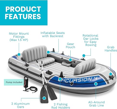 Intex Excursion 4 Inflatable Boat Set – 4 Person Fishing Raft with Oars & Pump