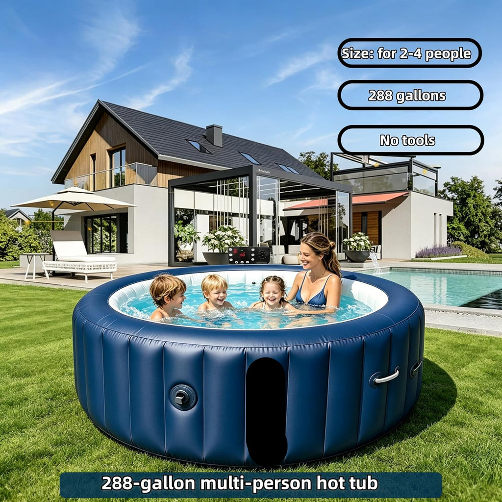 POOLTOHOT 4 Person Inflatable Hot Tub Spa with Heat Pump, 143 Air Jets & LED Lights
