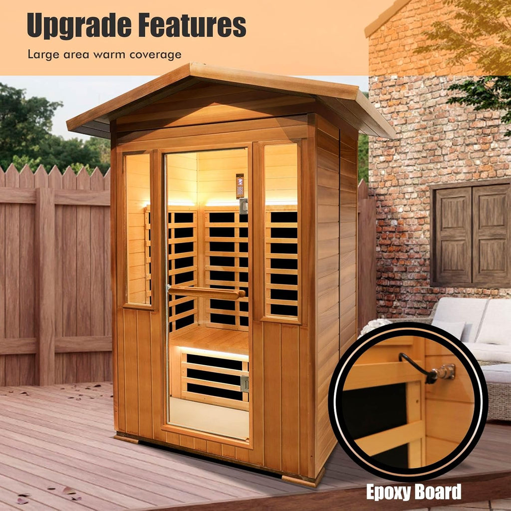 OUTEXER 2 Person Outdoor Infrared Sauna – Red Cedar Wood with App Control & LED Lights