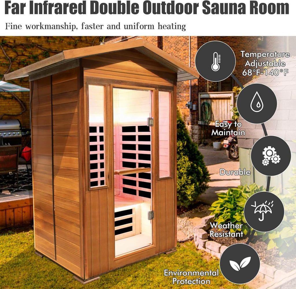 OUTEXER 2 Person Outdoor Infrared Sauna – Red Cedar Wood with App Control & LED Lights