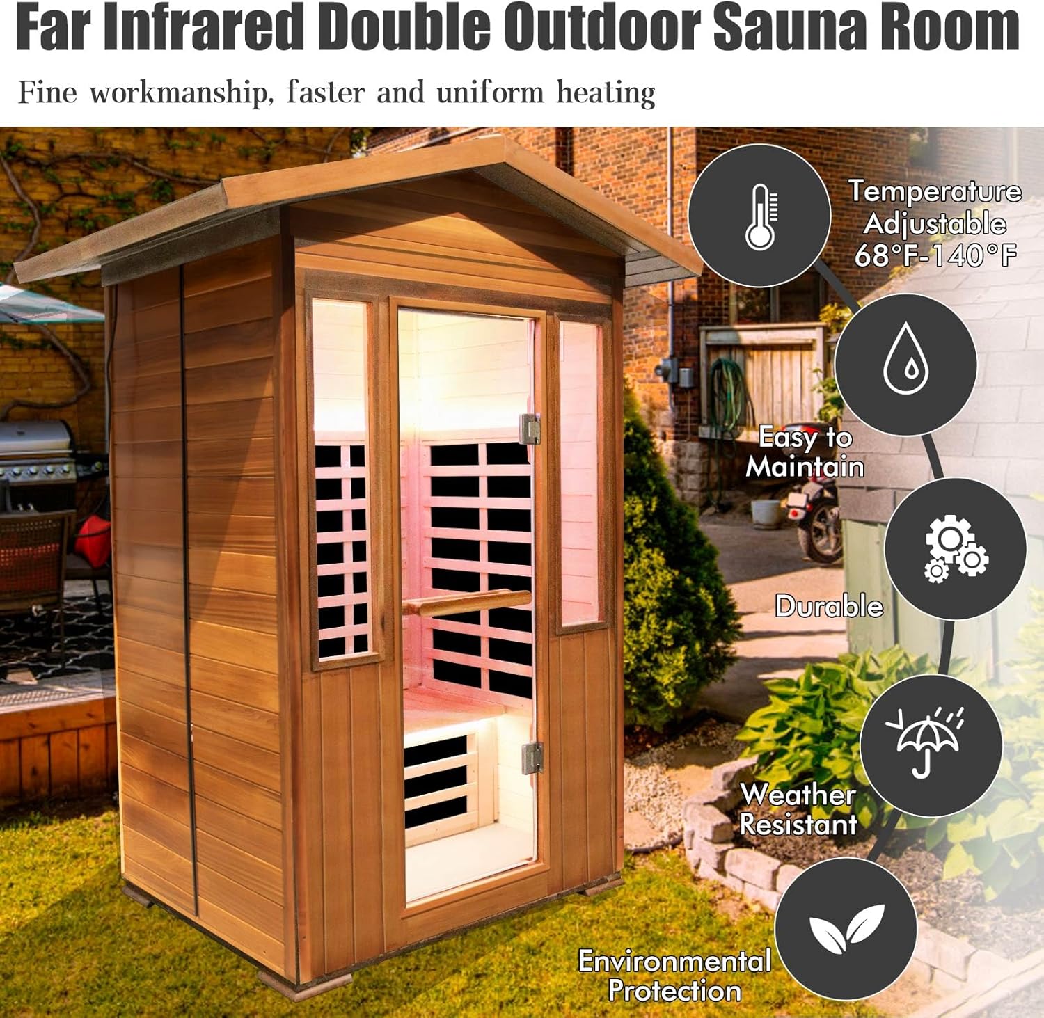 OUTEXER 2 Person Outdoor Infrared Sauna – Red Cedar Wood with App Control & LED Lights