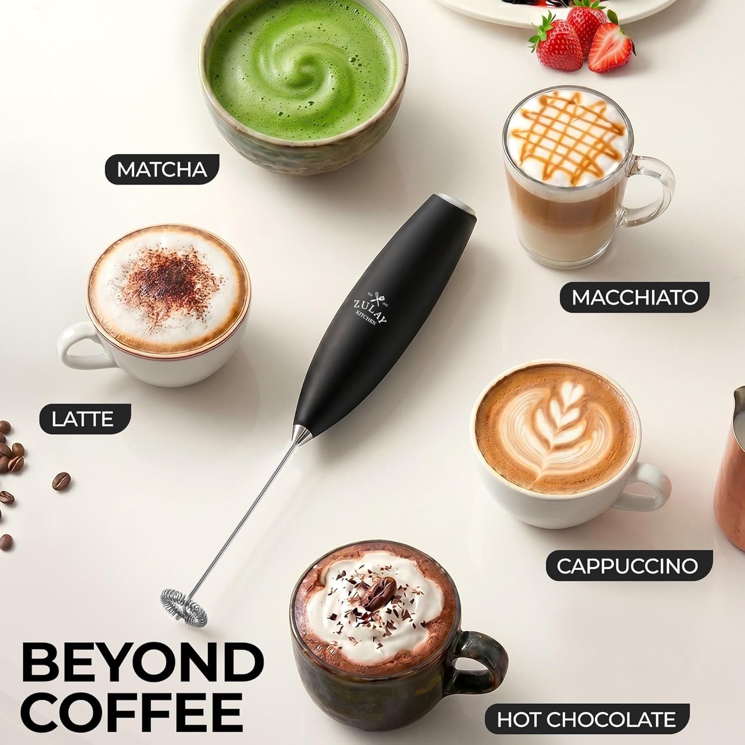Zulay Kitchen Handheld Electric Milk Frother for Coffee, Matcha & Lattes – Black