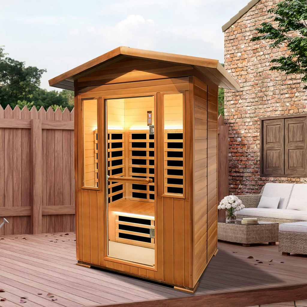 OUTEXER 2 Person Outdoor Infrared Sauna – Red Cedar Wood with App Control & LED Lights