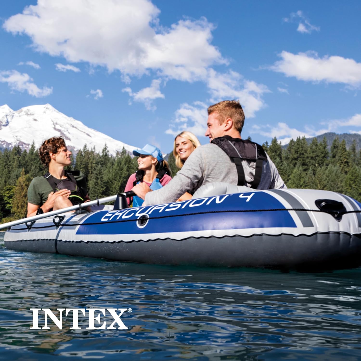 Intex Excursion 4 Inflatable Boat Set – 4 Person Fishing Raft with Oars & Pump
