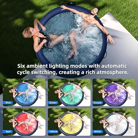 POOLTOHOT 4 Person Inflatable Hot Tub Spa with Heat Pump, 143 Air Jets & LED Lights