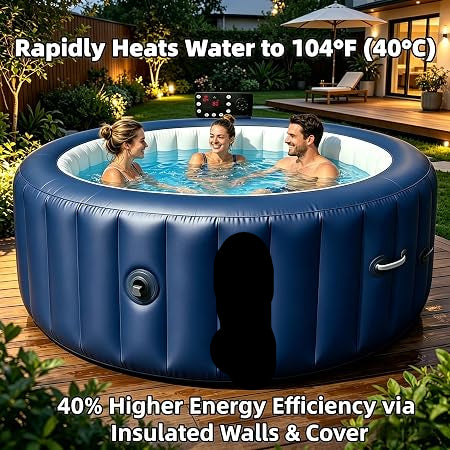 POOLTOHOT 4 Person Inflatable Hot Tub Spa with Heat Pump, 143 Air Jets & LED Lights