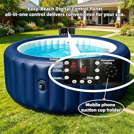 POOLTOHOT 4 Person Inflatable Hot Tub Spa with Heat Pump, 143 Air Jets & LED Lights