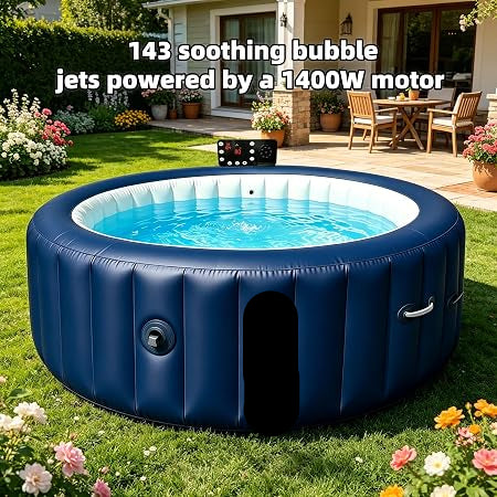 POOLTOHOT 4 Person Inflatable Hot Tub Spa with Heat Pump, 143 Air Jets & LED Lights