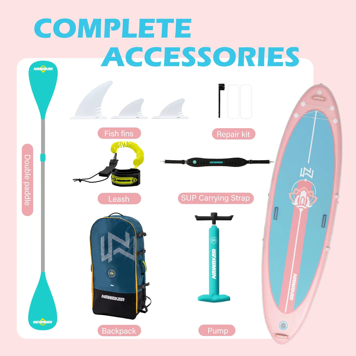 NAWAKAR 336x91x15cm Inflatable Stand Up Paddle Board Extra Wide Yoga ISUP Premium Complete Set Pink Blue Women Adults SUP Boards
