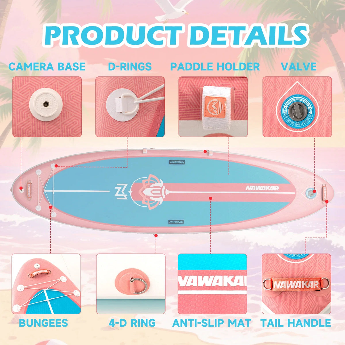NAWAKAR 336x91x15cm Inflatable Stand Up Paddle Board Extra Wide Yoga ISUP Premium Complete Set Pink Blue Women Adults SUP Boards