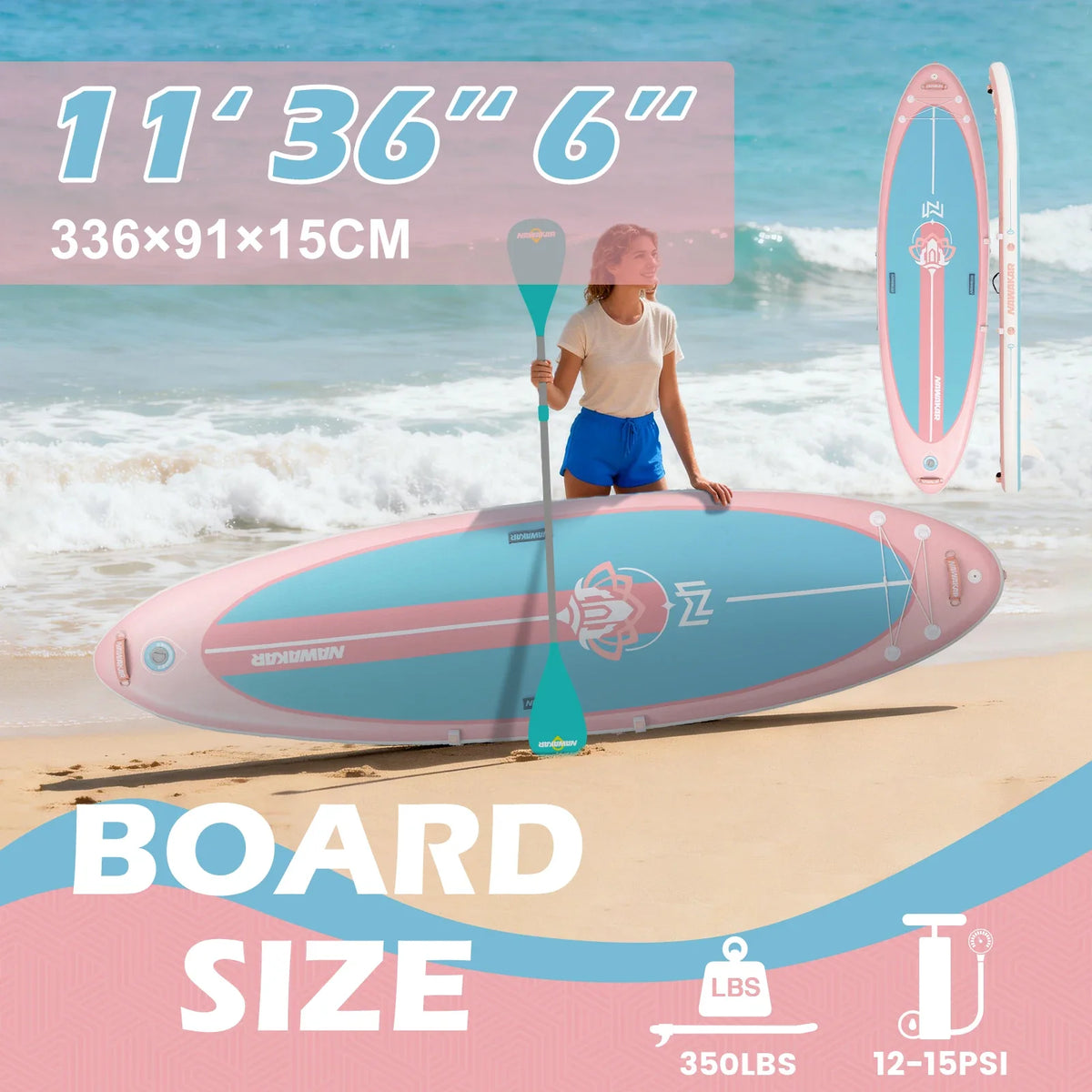 NAWAKAR 336x91x15cm Inflatable Stand Up Paddle Board Extra Wide Yoga ISUP Premium Complete Set Pink Blue Women Adults SUP Boards