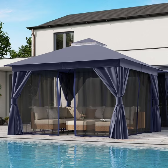 LAUSAINT HOME 12'x12' Outdoor Patio Gazebo, Heavy Duty Semi-Permanent Gazebo Tent with Double Roof, Mosquito Netting & Privacy Curtains, Metal Frame Backyard Canopy for Garden, Lawn, Party, Navy Blue